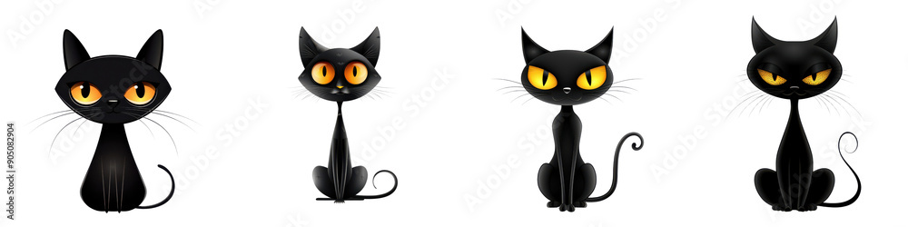 Four black cats with yellow eyes sit in a row Four black cats with yellow eyes sit in a row