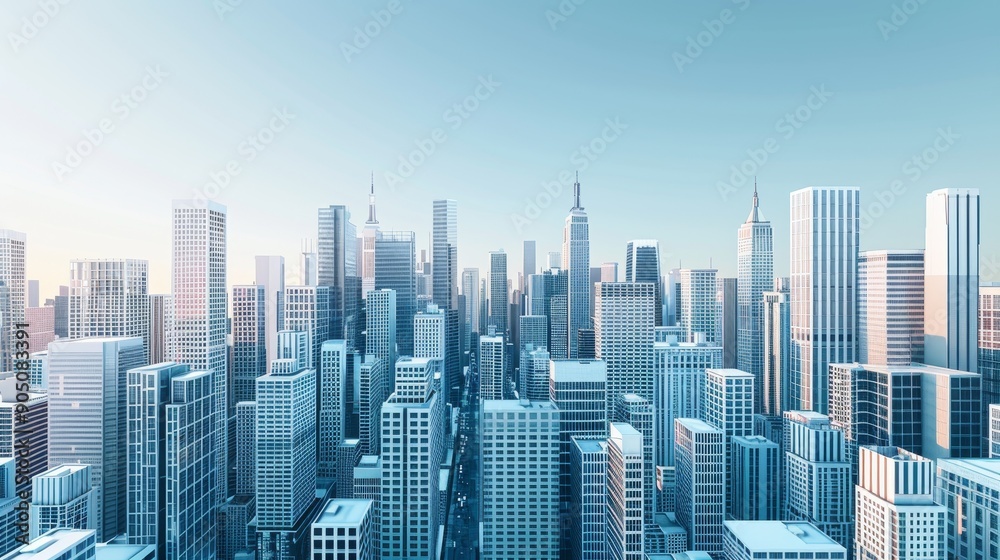 A panoramic view of a modern city skyline with tall buildings reaching towards a clear blue sky. A panoramic view of a modern city skyline with tall buildings reaching towards a clear blue sky.