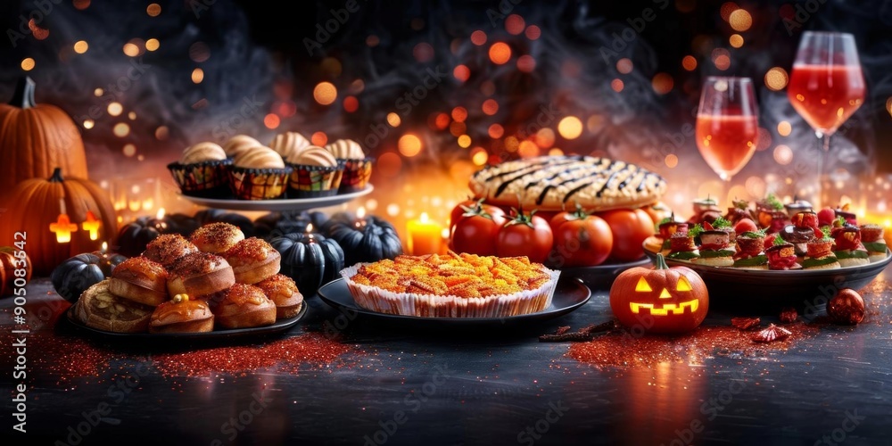 Naklejka premium A festive Halloween table setting with pumpkins, pies, and wine.