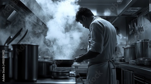 A man in a white apron is cooking in a kitchen with a lot of pots and pans