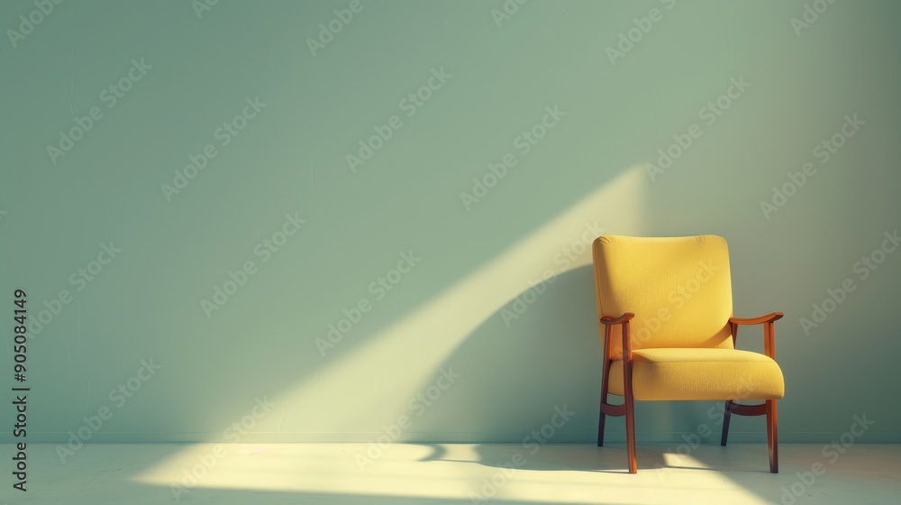 A single yellow armchair sits against a light blue wall bathed in sunlight.  Minimalist interior design concept.