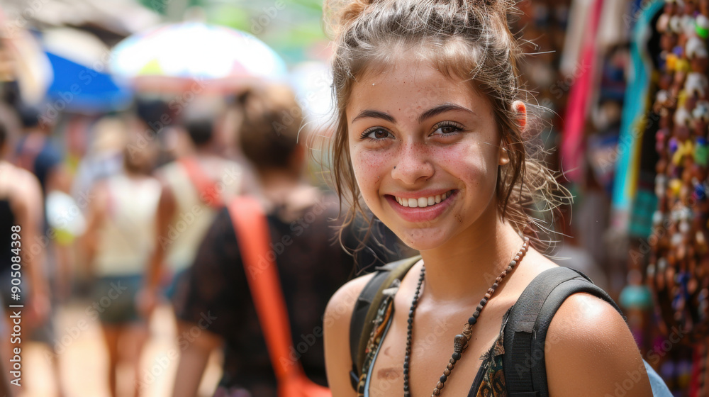 Young woman with a backpack smiling in a bustling market, surrounded by colorful stalls and people, embodying the spirit of adventure. Young woman with a backpack smiling in a bustling market, surrounded by colorful stalls and people, embodying the spirit of adventure.