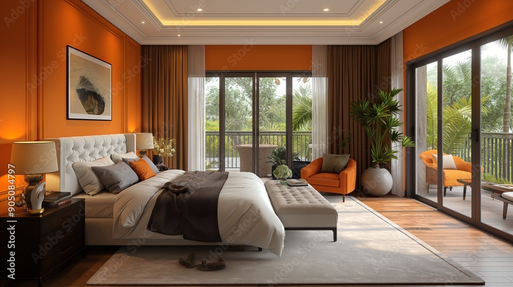 Modern Bedroom with Orange Walls, White Furniture, and Beige Carpet: Sea View Background Modern Bedroom with Orange Walls, White Furniture, and Beige Carpet: Sea View Background