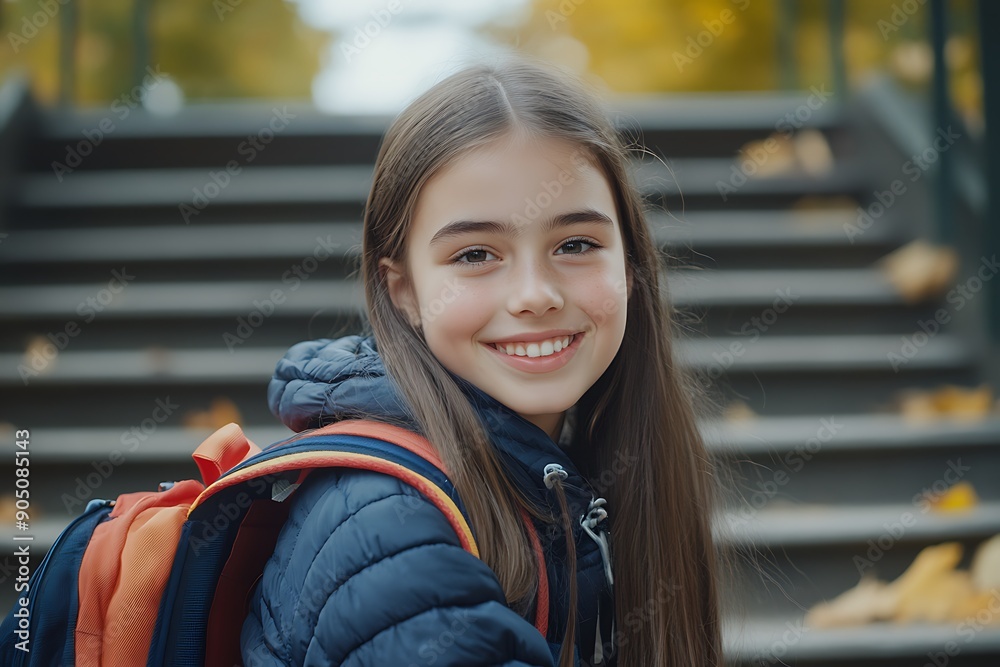 Portrait Of Young Girl Student With Backpack In Autumn Portrait Of Young Girl Student With Backpack In Autumn