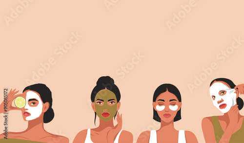 Vector set of cosmetology, facial care cosmetics, youthful skin, creams, masks, patches. Different girls take care of their skin. Banner with place for text. Vector illustration for website, posters