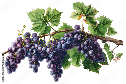 grapes and vine leaves watercolor illustration. Red bunch of grapes