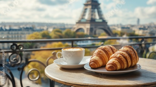 A cup of coffee with croissants with the Eiffel Tower in the background