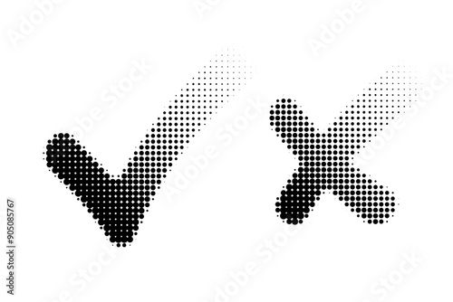 Halftone check marks. Black dotted check mark and cross signs isolated on white. Confirm and delete symbols. Vector illustration.