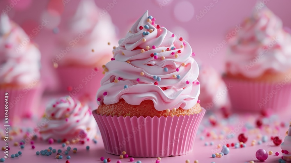 Close-up of a pink cupcake with white frosting and colorful sprinkles. Close-up of a pink cupcake with white frosting and colorful sprinkles.
