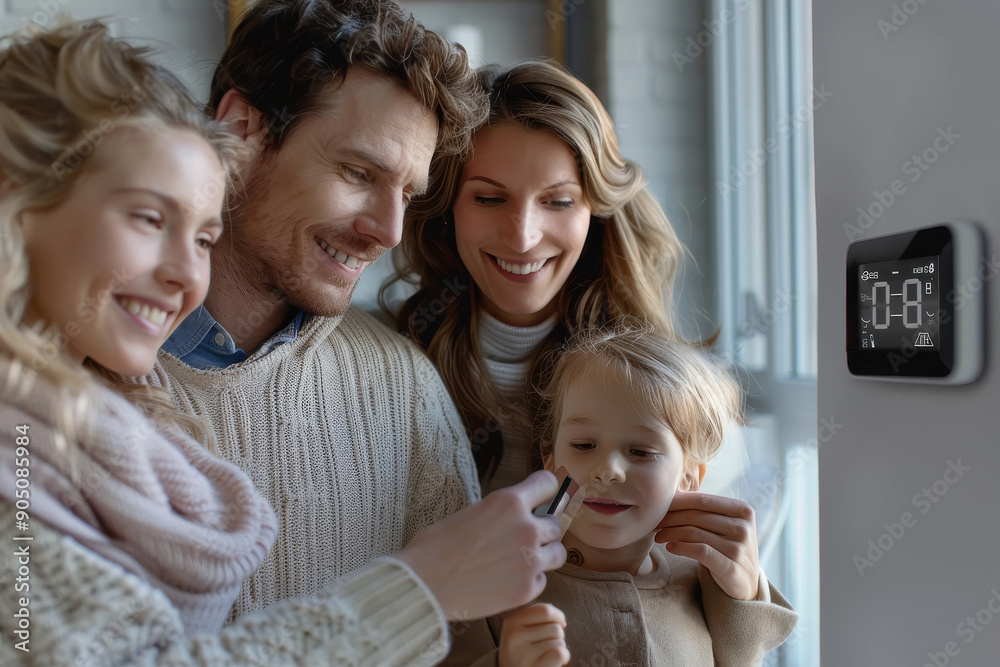 Family looking at smart thermostat, adjusting, lowering heating temperature at home. Family looking at smart thermostat, adjusting, lowering heating temperature at home.