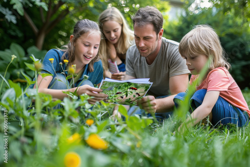 children group watching activity in their backyard, diverse insect identification guide in hand, interactive and educational