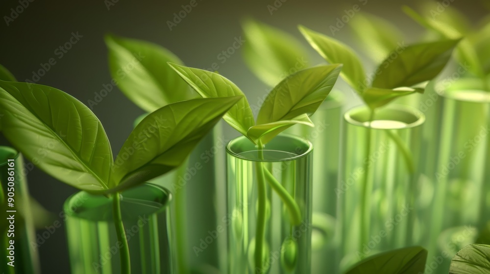 Close-up of vibrant green plant seedlings growing in glass tubes.  A futuristic, organic concept.