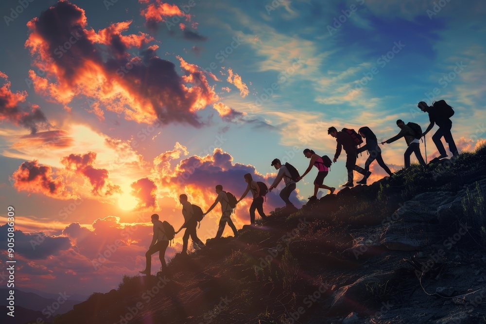 A group of individuals actively hiking up a mountain during the evening hours as the sun sets in the background, Honor the commitment and perseverance that has led to another work anniversary A group of individuals actively hiking up a mountain during the evening hours as the sun sets in the background, Honor the commitment and perseverance that has led to another work anniversary