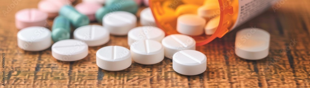 various pills scattered on a wooden surface, capturing the essence of medication and health. various pills scattered on a wooden surface, capturing the essence of medication and health.