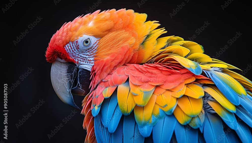 Obraz premium Closeup of a colorful parrot with vibrant feathers, dark background