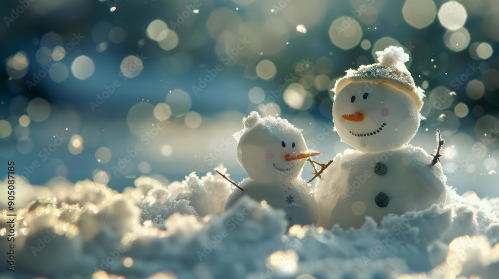 Obraz premium Snowman family in the snow with bokeh background, Merry Christmas and Happy New Year