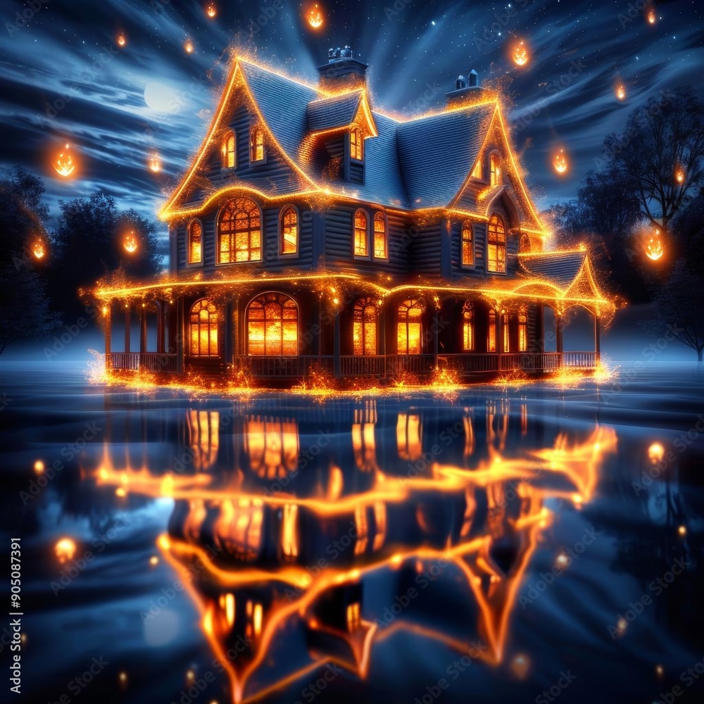 A magical winter scene with a glowing house and floating lights reflected in a frozen lake. A magical winter scene with a glowing house and floating lights reflected in a frozen lake.