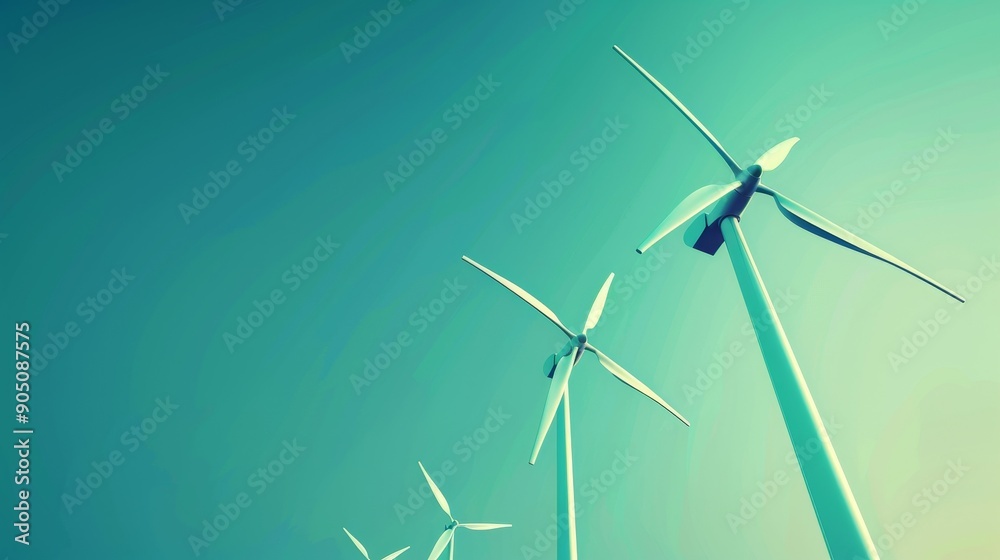 Three wind turbines stand tall against a vibrant teal sky, symbolizing clean energy and a sustainable future. Three wind turbines stand tall against a vibrant teal sky, symbolizing clean energy and a sustainable future.