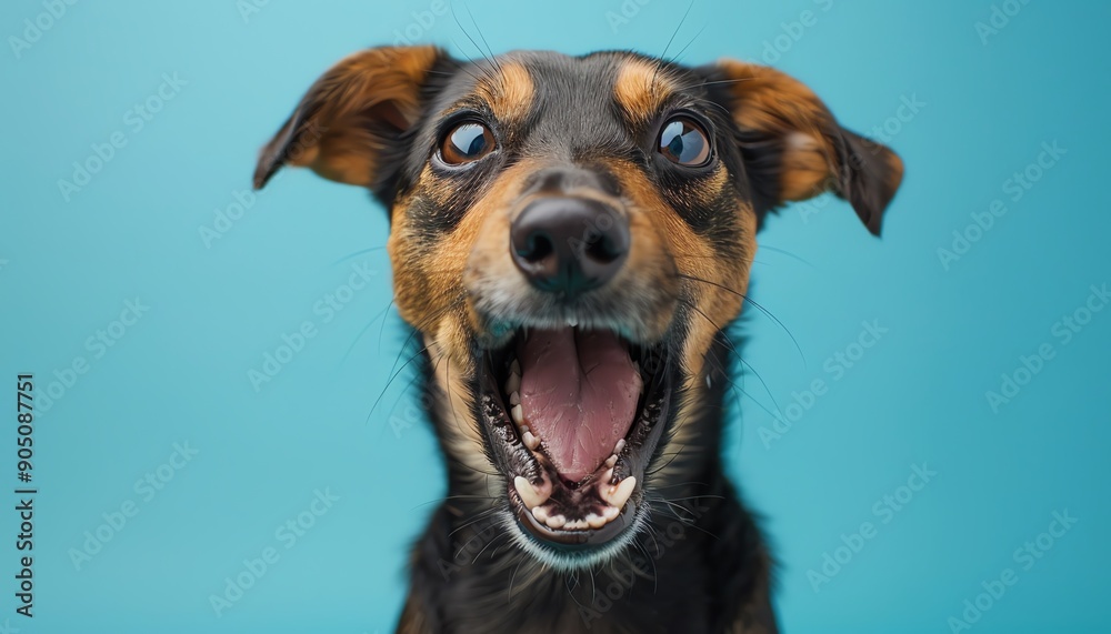 Dog with mouth wide open, blue background, closeup shot, playful and expressive, high detail Dog with mouth wide open, blue background, closeup shot, playful and expressive, high detail