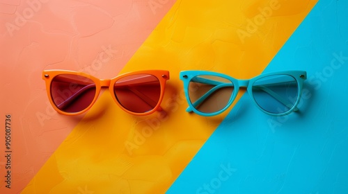 Two pairs of sunglasses on a vibrant orange, yellow, and blue background. photo