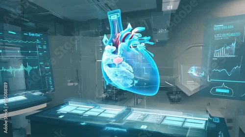 A holographic heart model is showcased in a high-tech lab, illustrating detailed human anatomy and medical technology advancements.