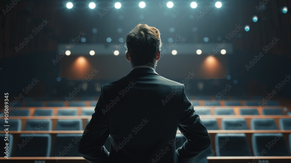 A man stands in front of an empty audience. The lecturer before the lecture. Conference room A man stands in front of an empty audience. The lecturer before the lecture. Conference room