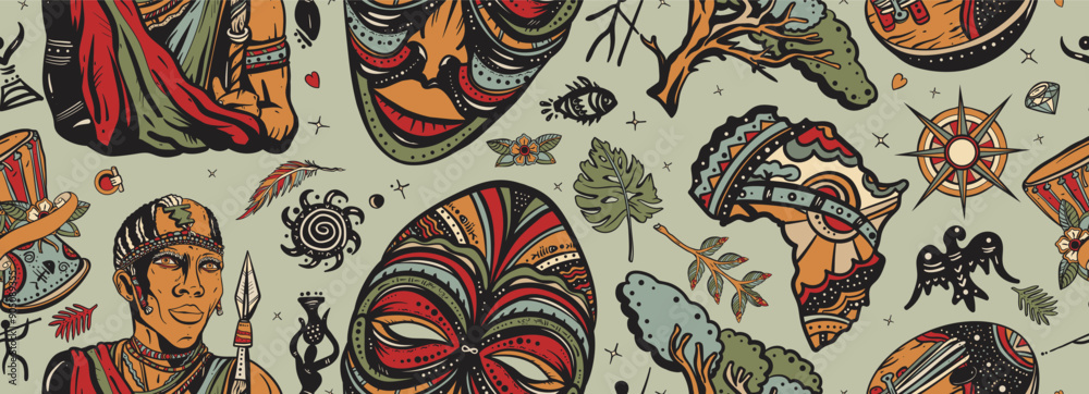 Naklejka premium Africa seamless pattern. African maasai warrior, tribal mask, kalimba, map. Ethnic tribe man. Tradition and culture background. Tattoo art