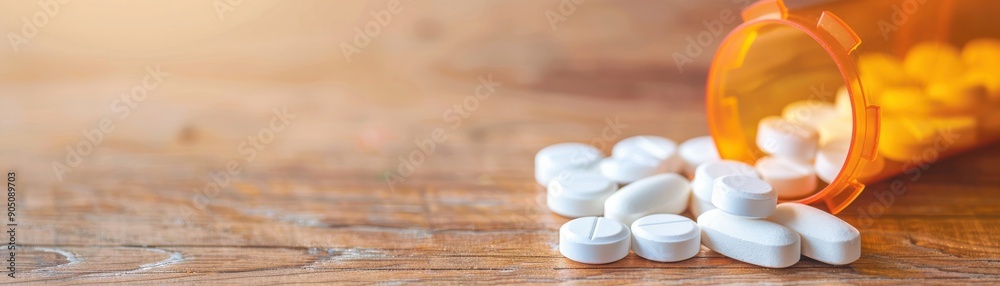 spilled white pills from an orange prescription bottle on a wooden surface, highlighting health and medication themes. spilled white pills from an orange prescription bottle on a wooden surface, highlighting health and medication themes.