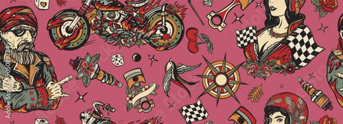 Bikers.  Old school tattoo background. Lifestyle of racers. Seamless pattern. Pin up moto girl, bearded biker man, burning chopper motorcycle, race flag, rider sport woman