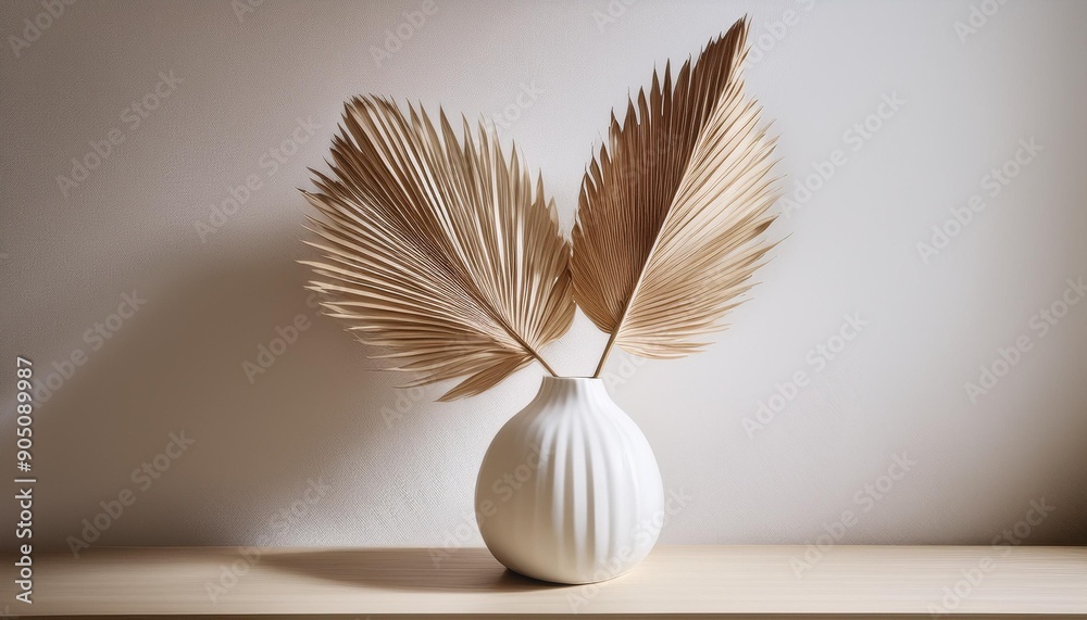 Fototapeta premium Minimalist Elegance: Single Dried Beige Palm Leaf in Modern White Vase