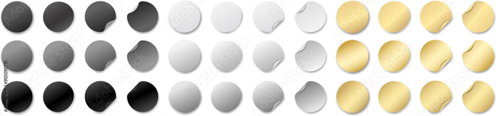 Realistic big set of black, white and gold round sticky stickers with curved edges and a realistic drop shadow. Realistic stickers for your design on transparent background. Vector EPS 10 Realistic big set of black, white and gold round sticky stickers with curved edges and a realistic drop shadow. Realistic stickers for your design on transparent background. Vector EPS 10