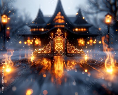 Magical winter scene featuring a glowing, ornate house with warm lights and blurred foreground, creating a cozy and enchanting atmosphere.