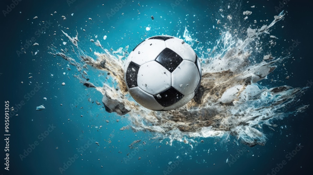 Naklejka premium Dynamic Soccer Ball Impact with Water Splash on Blue Background Capturing Motion and Energy