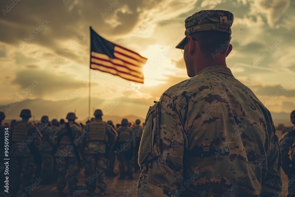 A soldier is standing proudly in front of the American flag, showing respect and honor for those who served, Honoring the sacrifices of those who served in the military A soldier is standing proudly in front of the American flag, showing respect and honor for those who served, Honoring the sacrifices of those who served in the military