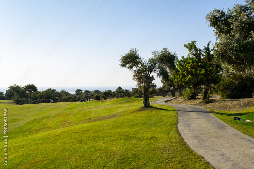 Golf teeing ground in golf course with sunrise background. Golf teeing ground in golf course with sunrise background.