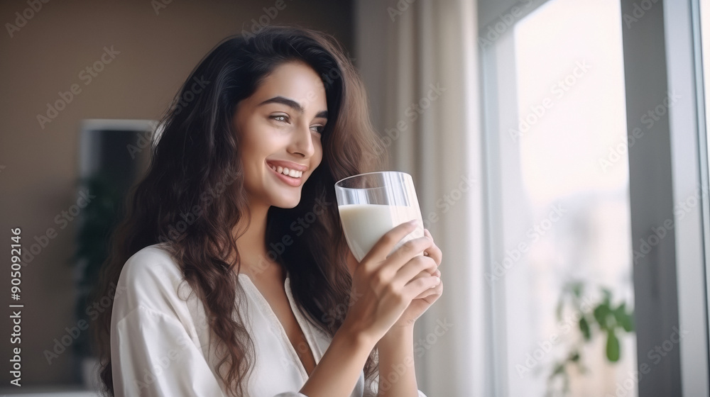 Health care, pretty young indian woman, girl drinking a glass of white fresh, dairy milk for calcium, vitamin wholesome good nutrition in morning at kitchen Health care, pretty young indian woman, girl drinking a glass of white fresh, dairy milk for calcium, vitamin wholesome good nutrition in morning at kitchen