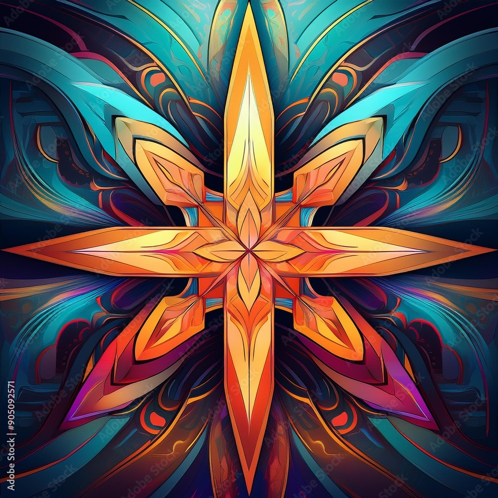 Fototapeta premium A vibrant abstract star design with intricate patterns in orange and blue, perfect for creative projects and digital art.