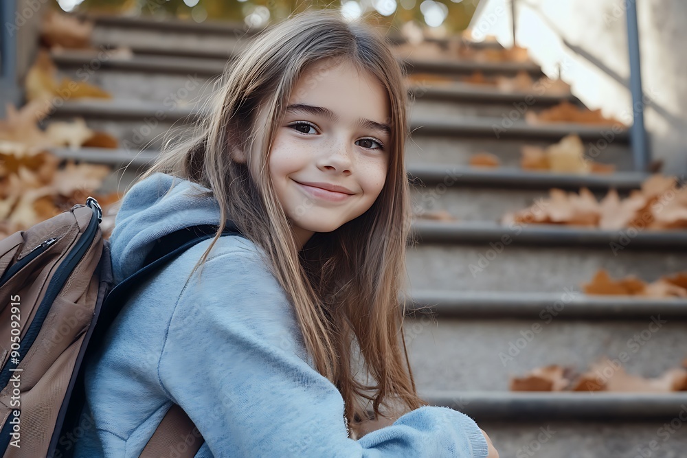Portrait Of Young Girl Student With Backpack In Autumn Portrait Of Young Girl Student With Backpack In Autumn