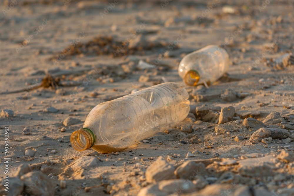 Plastic Bottles Littering a Sandy Beach at Sunset Highlighting Environmental Pollution Plastic Bottles Littering a Sandy Beach at Sunset Highlighting Environmental Pollution