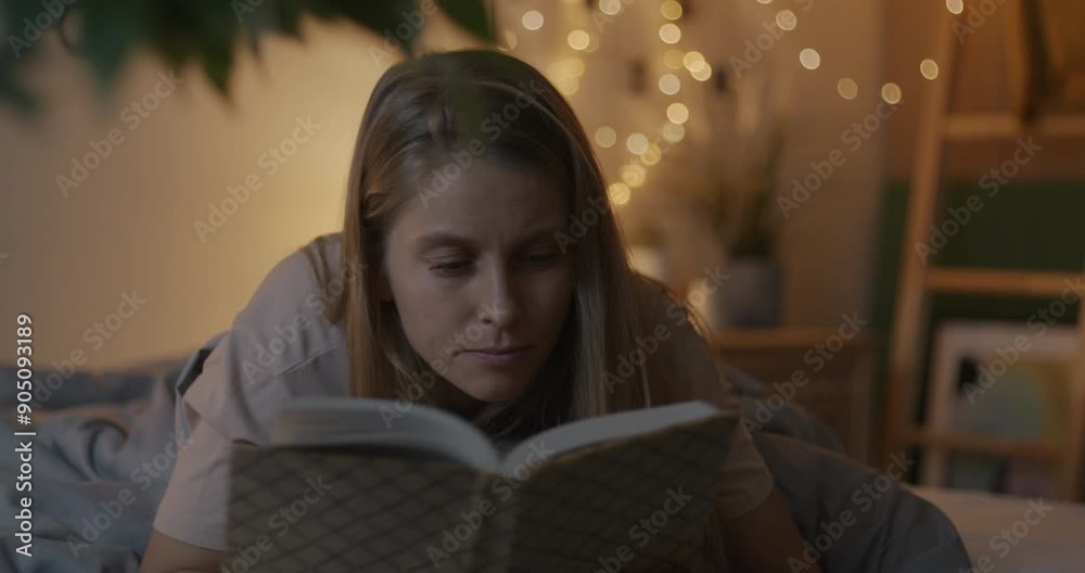 Attractive young lady reading interesting book enjoying intellectual activity lying in bed in illuminated bedroom in evening. Hobby and literature concept. Attractive young lady reading interesting book enjoying intellectual activity lying in bed in illuminated bedroom in evening. Hobby and literature concept.