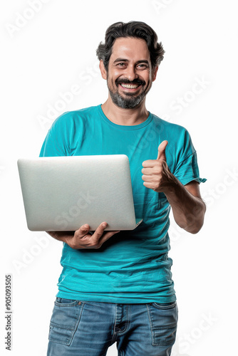 happy man holding laptop showing thumps up