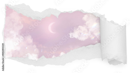 Aesthetic purple png sky ripped paper sticker, crescent moon illustration reveal on transparent background photo