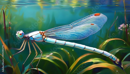 illustration of dragonfly in freshwater lake photo