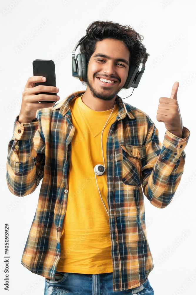 a yellow t-shirt and plaid shirt, blue jeans smiling in the white background with a cell phone and bluetooth headphones a yellow t-shirt and plaid shirt, blue jeans smiling in the white background with a cell phone and bluetooth headphones