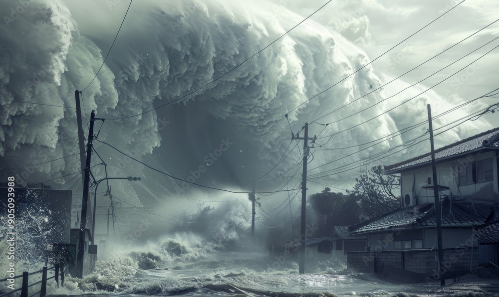 Fototapeta premium Devastating Tsunami Wave: Powerful Natural Disaster Visualization for Advertising and Marketing. Dramatic Depiction of Extreme Weather and Environmental Danger in Stunning 4K Resolution.