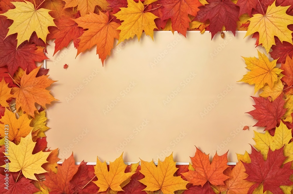 A autumn-themed background for greeting card. A blank area, scattered Autumn leaves in various shades of red, orange, and yellow A autumn-themed background for greeting card. A blank area, scattered Autumn leaves in various shades of red, orange, and yellow