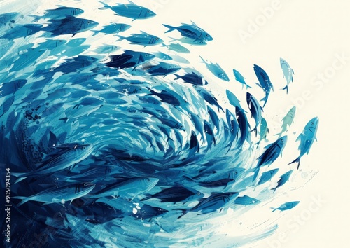Abstract, polygonal illustration of a large school of fish swirling in the ocean. The blue hues and geometric shapes create a dynamic and mesmerizing scene