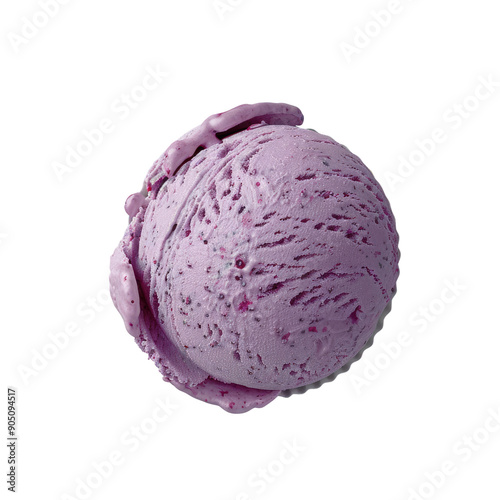 Single scoop of blueberry ice cream isolated on a transparent background seen from above