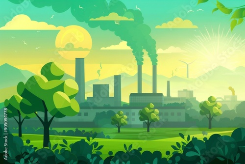 Industrial Factory Emitting Smoke with Greenery and Wind Turbines in the Background at Sunset