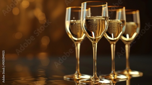 Four champagne flutes filled with sparkling wine against a warm, bokeh background.